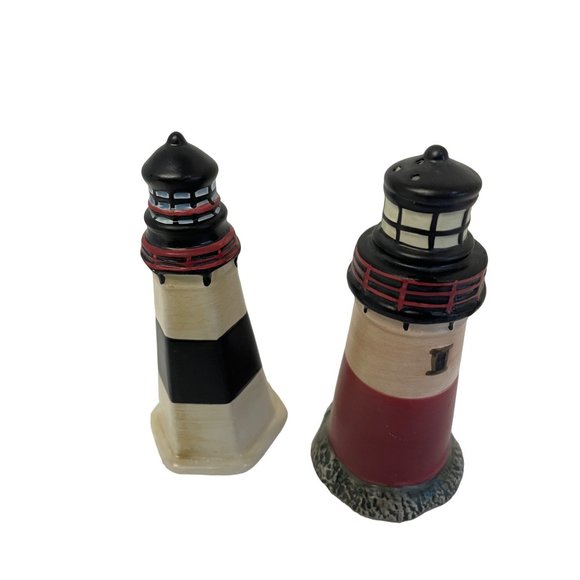 Vintage Set of Ceramic Lighthouse Salt and Pepper Shakers 5" tall x 2 1/2" White - Picture 1 of 5